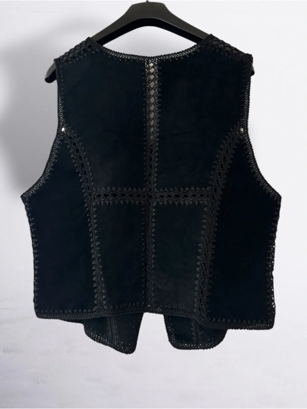 Vintage Black Genuine Leather Suede & Crochet Patchwork Women's Vest - Picture 3 of 7